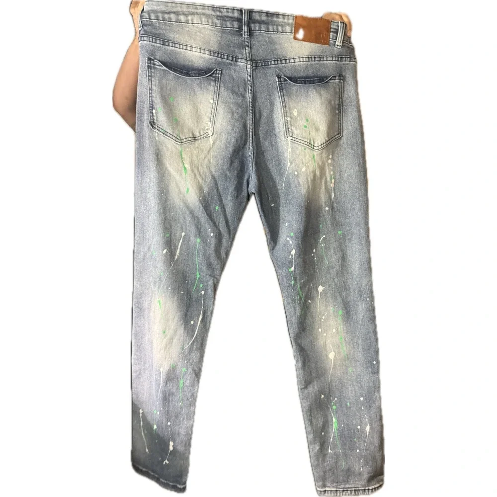 Waimea Mens Skinny Fit Distressed Patchwork Paint‎ Splatter Jeans Light Wash 38